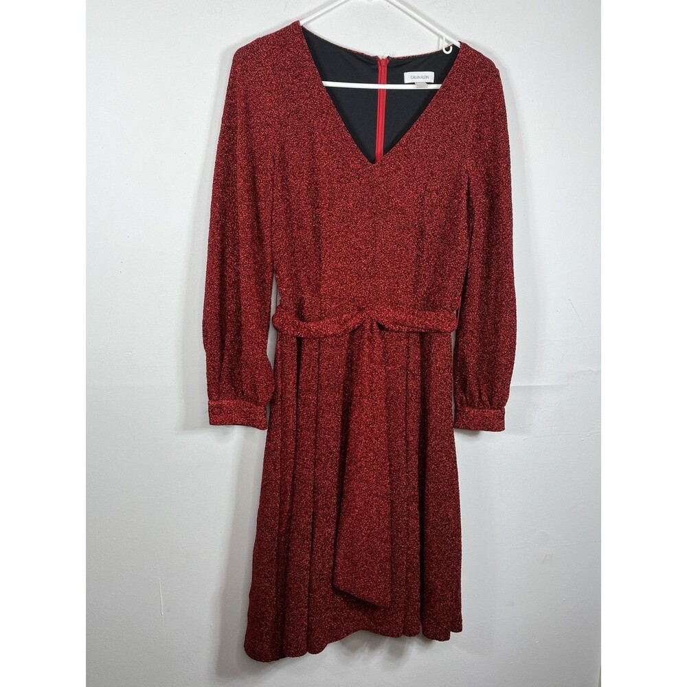 Calvin Klein Valentine Red Stretch Metallic Fit & Flair Evening/Occasion Dress 4